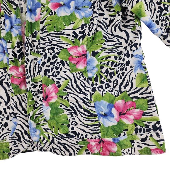 Vintage Hawaiian Cardigan Womens PL Large Petite 100% Linin Hibiscus Zebra Print - Picture 9 of 16